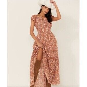 Free People FP Ultraviolet Maxi Dress Orange White Floral Size S Puffed Sleeves